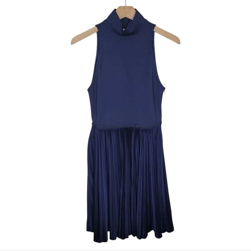 Pure Navy Mockneck Navy Blue Cocktail Dress Pleated Skirt Size 2 Keyhole Back
